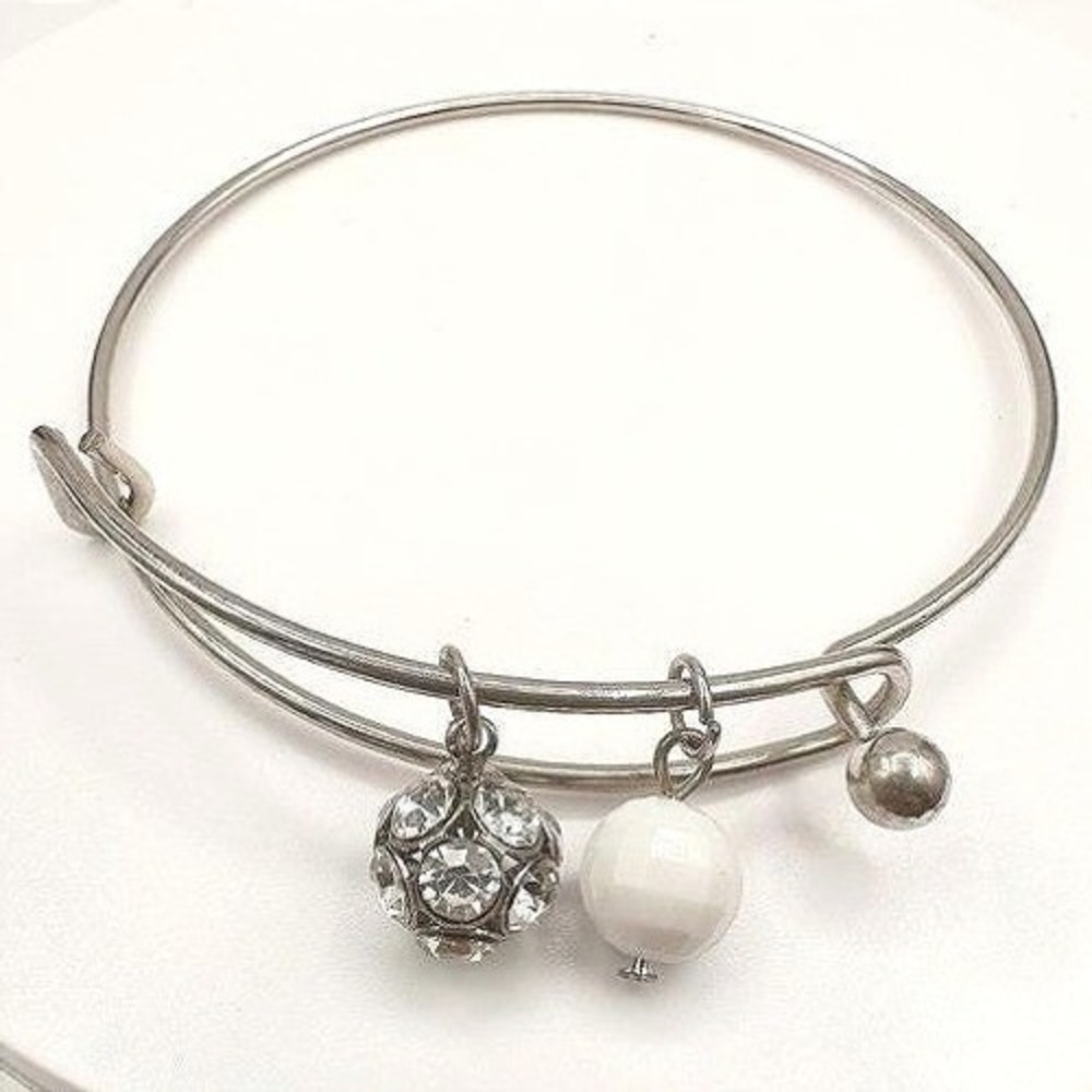Vintage Y2K Silver Tone Expandable Bangle Rhinestone Ball White Bead Charms Boho